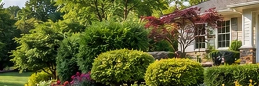 Rounded shrubs and a red Japanese maple in a front yard