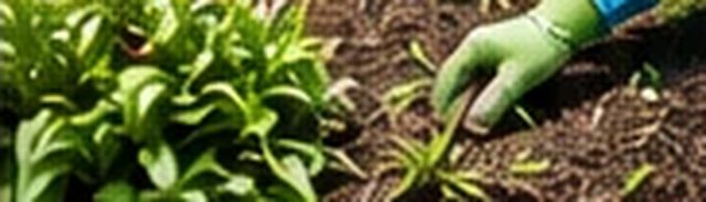 Gloved hand pulling weeds from a garden bed